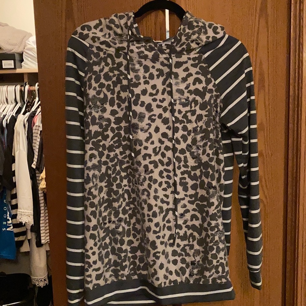 Striped cheetah distressed hoodie